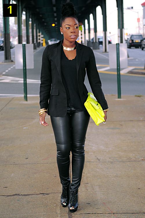 All black outfit with an unexpected #neon clutch and a #gold choker