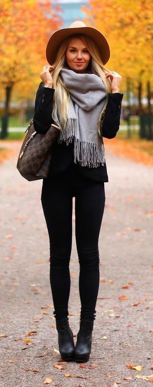 Outfits For Curvy Women : #winter #fashion / all black + gray fringe