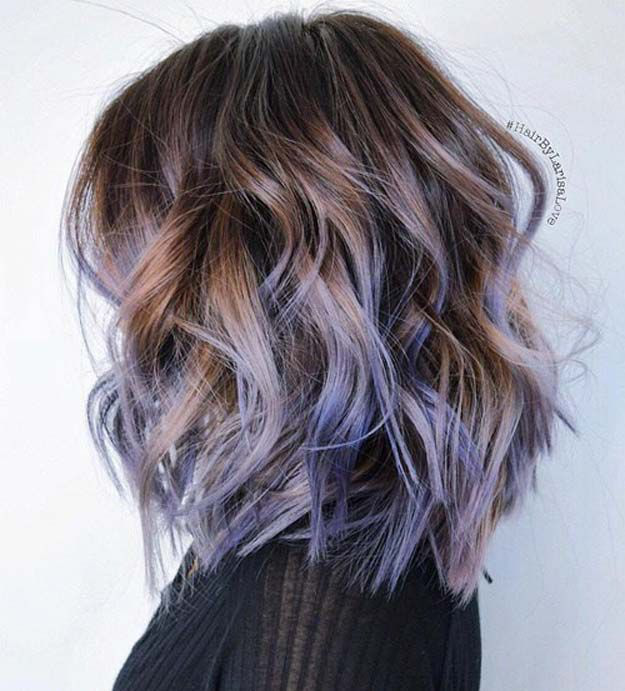 Balayage Ideas for Short Hair - Wavy Brown Bob with Purple or Blue