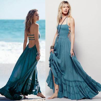 WOMEN SUMMER BOHO LONG MAXI DRESSES CASUAL DOTS BEACH DRESS