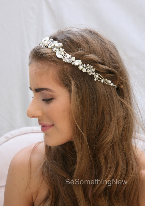 Fresh Water Pearl And Rhinestone Wedding Hair Vine With Silver Metal