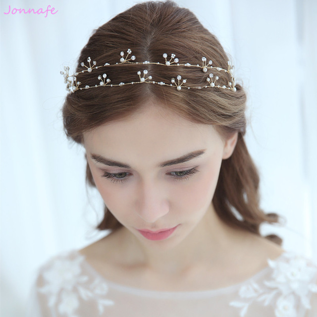 Jonnafe Simple Tiny Beaded Bridal Hair Vine Pearl Jewelry Gold Color