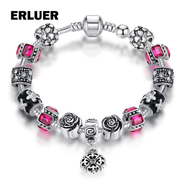 ERLUER 925 Jewelry Silver Plated Bracelets Fashion Crystal DIY