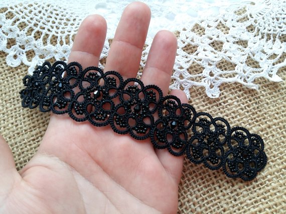 Elegant Black Tatted Lace Bracelet with Beads Handmade Wide Bracelet
