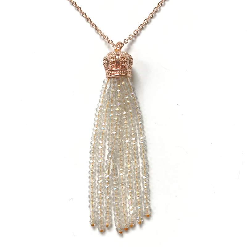 Beaded Tassel Necklace - Clear AB Beads with Rose Gold Cap u2014 Sutton