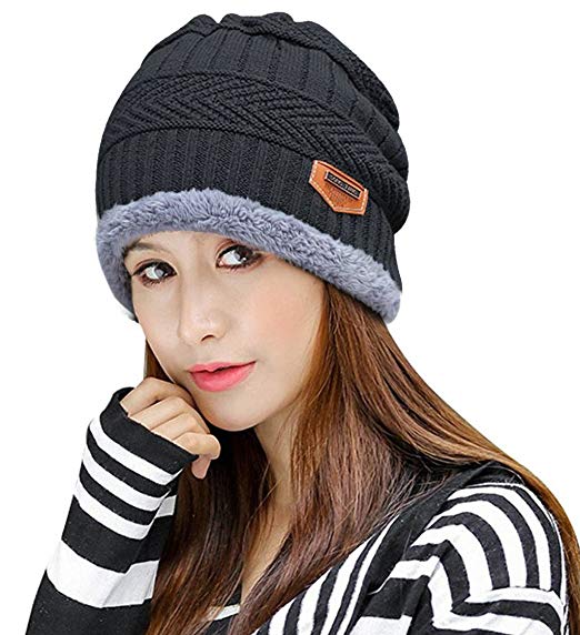 HINDAWI Womens Black Slouchy Beanie Skull Cap Winter Windproof Hat