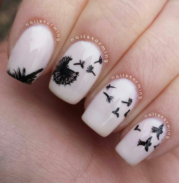 Black and White Dandelion Nail Art