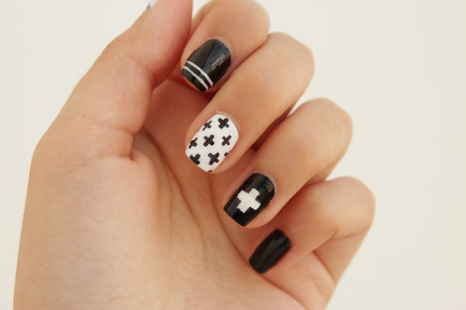 Picture Of diy black and white swiss cross nail art 3