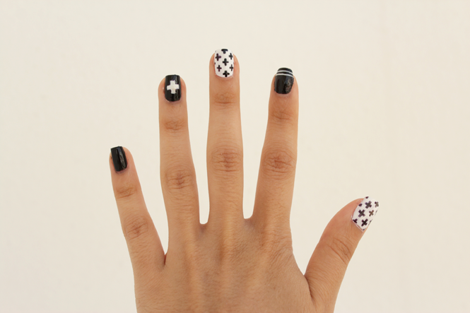 Picture Of diy black and white swiss cross nail art 4