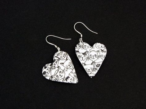 Handmade Cat Heart Polymer clay earring, sterling silver hooks