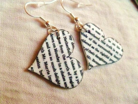 Writing heart earrings - shrink plastic, black and white, silver