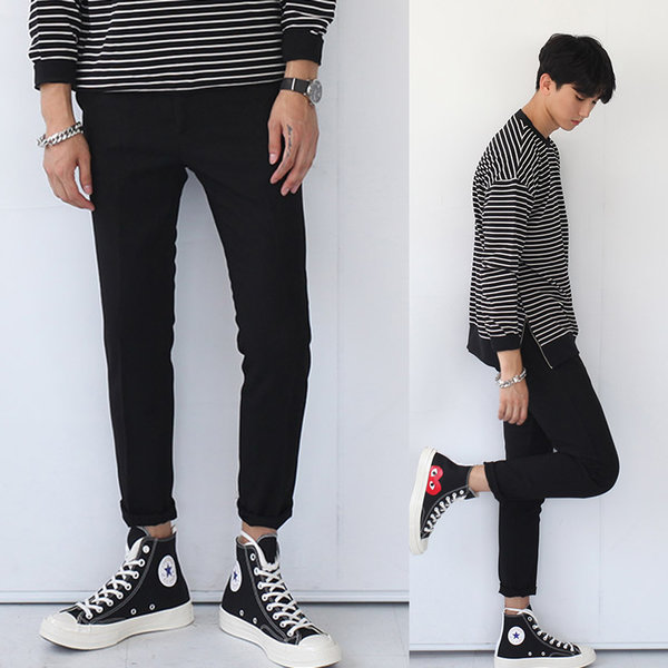 Simple Design Korean Men Pockets Long Straight Street Style Black