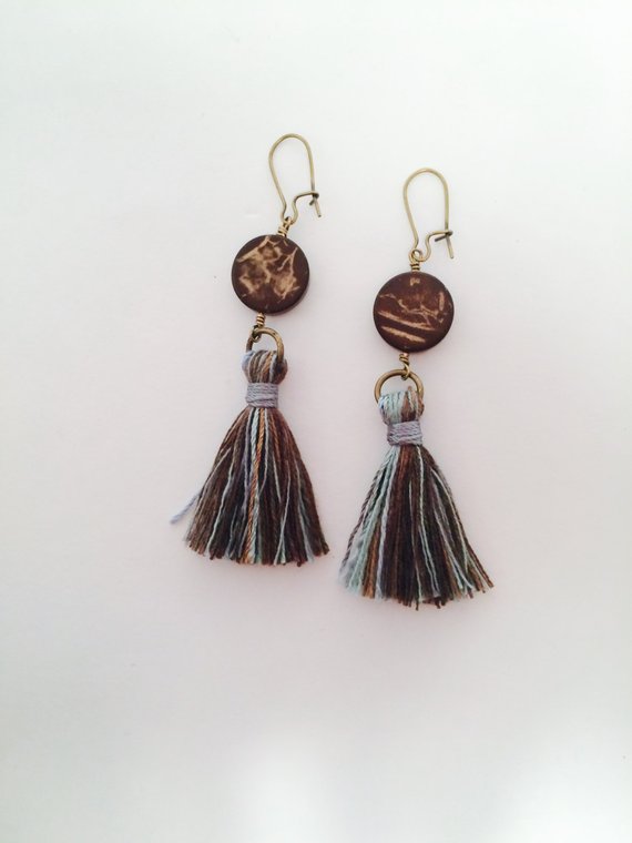 Blue Brown tassel earrings Boho chic Gypsy Chic. Brown and | Etsy