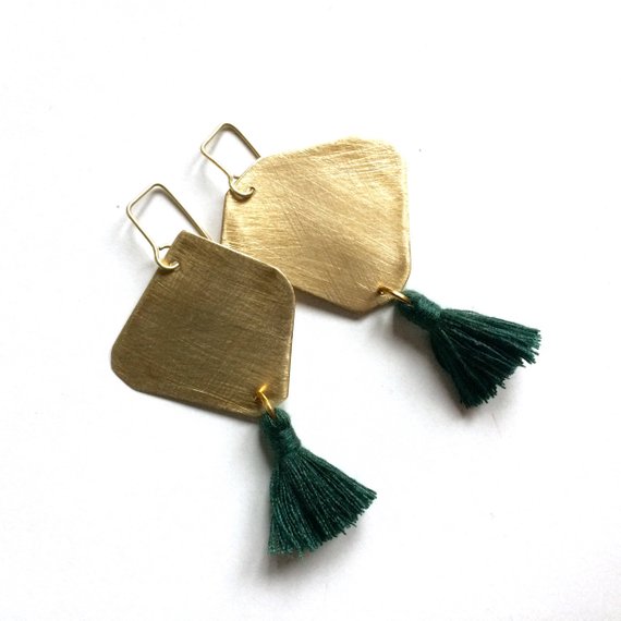 Tassel earrings gold jewelry brass Boho chic earrings green tassel