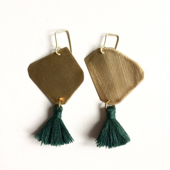 Tassel earrings gold jewelry brass Boho chic earrings green | Etsy