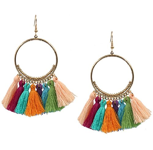 Tassel Earrings Boho Chic Drop Dangle Brass Hoop & Rainbow Women
