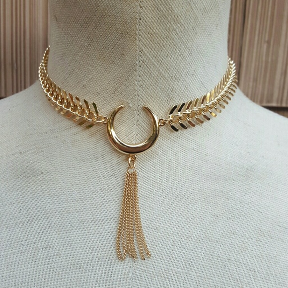 Manic Fringe Design Jewelry | Gold Tassel Crescent Moon Choker