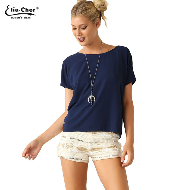 Women Navy Bow Back Top Summer White Half Sleeve Chic navy blue top