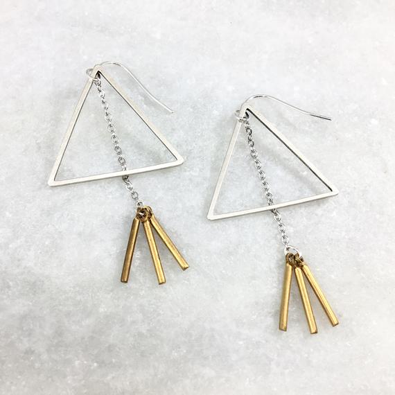 Open Silver Triangle Tassel Earrings Brass Fringe Mixed | Etsy