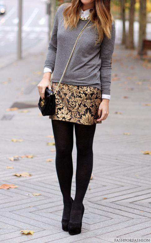 Try my brocade skirt with a gray sweater. | My Style - clothes in