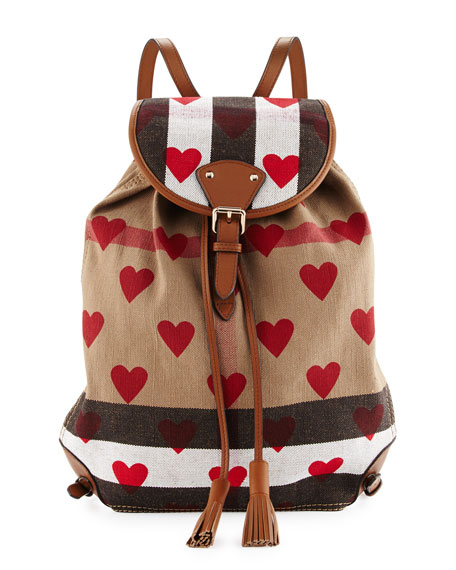 Burberry Chiltern Check Hearts Medium Canvas Backpack, Parade Red