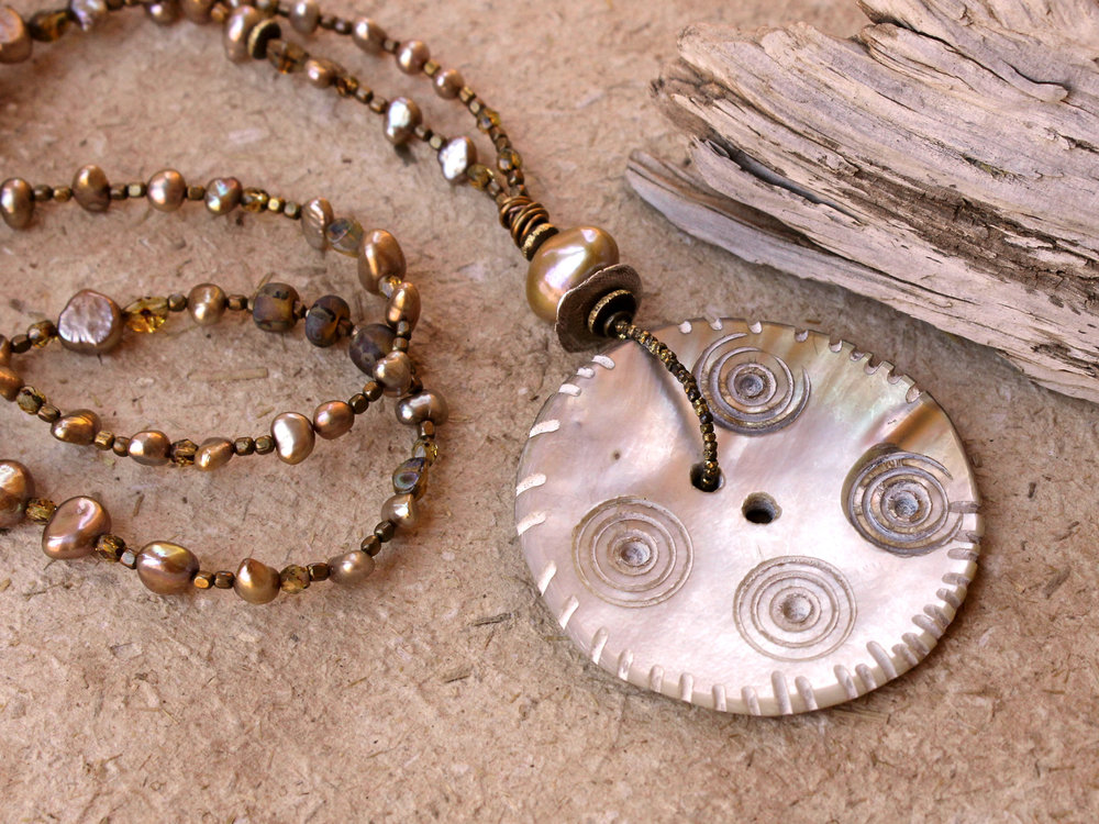 Vintage Ethnographic Shell Button Pendant + Lunar Talisman Necklace
