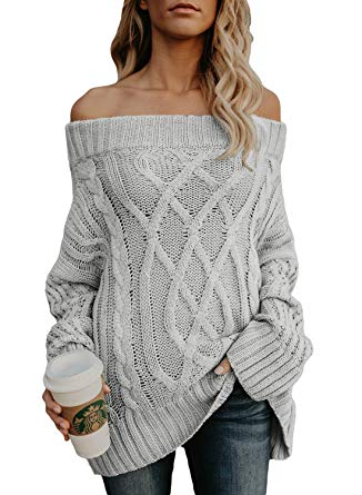 Astylish Women's Sexy Off Shoulder Loose Cable Knit Sweater Pullover