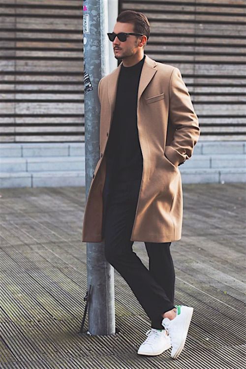 black and brown // topcoat, camel, menswear, mens style, stan smith