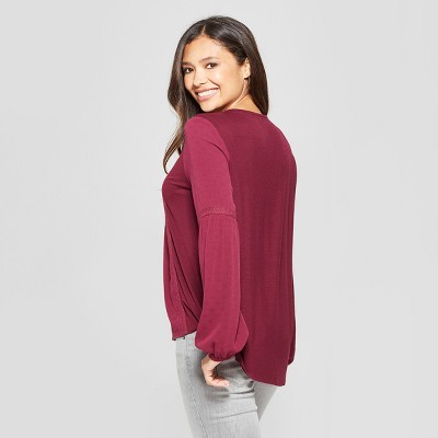 Women's Long Sleeve Embroidered Lace-Up Top - Knox Rose™ Blackberry