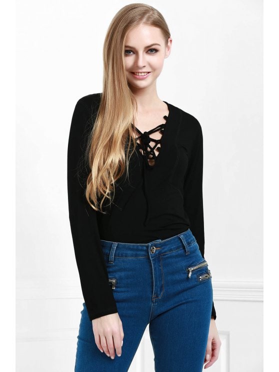 2019 Lucky Lace Up Top In BLACK L | ZAFUL