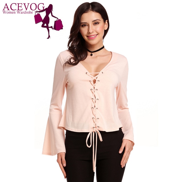 ACEVOG Women Lace up Top T Shirt Party Long Flare Sleeve Casual V