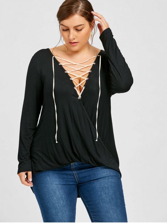 2019 Plus Size Crossover Lace Up Top In BLACK 5XL | ZAFUL