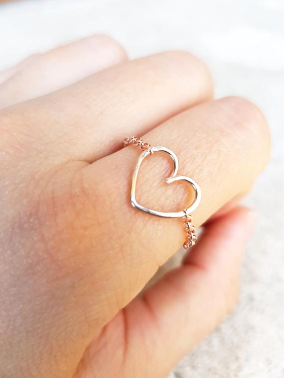 Heart Chain Ring Tiny Heart Ring Sterling Silver 22k Gold 22k | Etsy