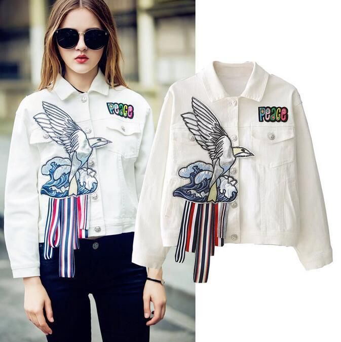 Womens Fashion Embroidery Floral White Jean Jacket Loose Short Chic