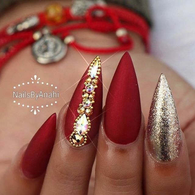 Red and Gold Glitter Nails. Matte Nails. Nails With Rhinestones