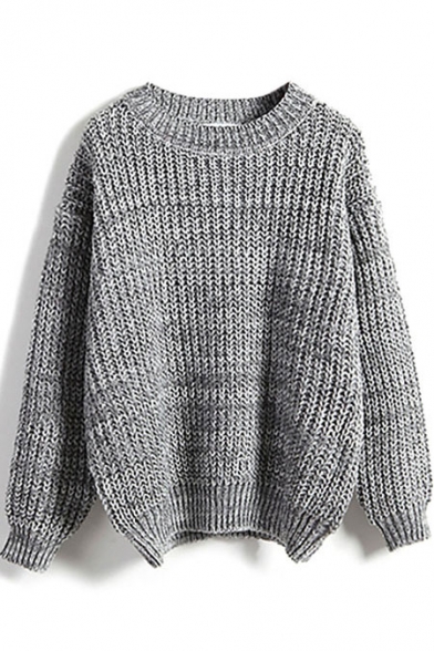 Round Neck Plain Long Sleeve Chunky Knit Sweater - Beautifulhalo.com