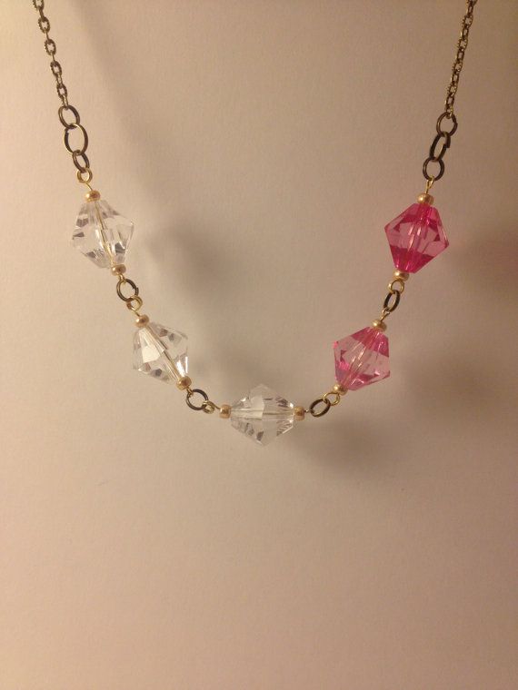 Pink and clear ombré necklace, short chain, bronze and gold tone