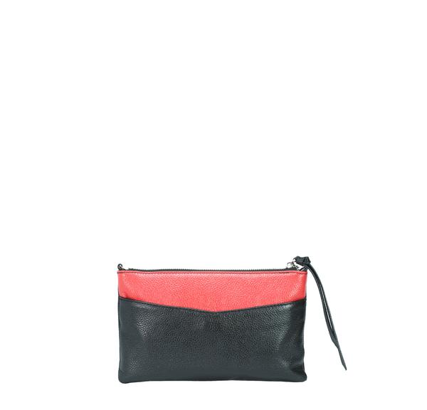 KINETIC black & red colorblock leather crossbody bag and clutch