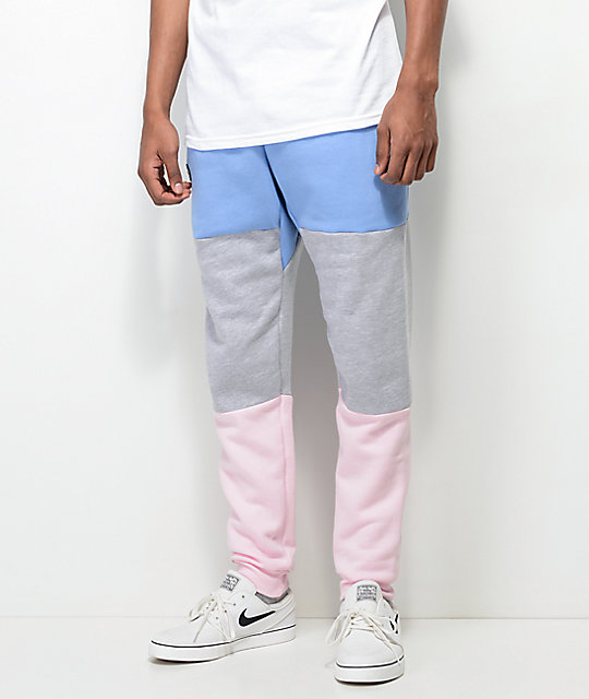 Cross Colours Blue, Grey & Pink Colorblocked Jogger Pants | Zumiez