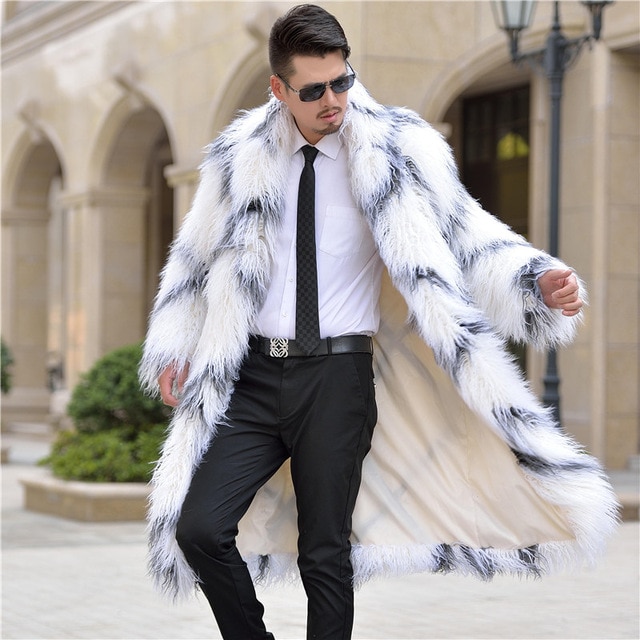 2018 Winter Men Long Hairy Shaggy Faux Fur Coats Male Mixed Color