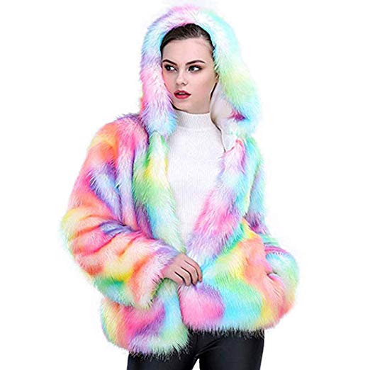 Shilanmei Women Faux Fur Coat Rainbow Color Winter Fluffy Wrap Thick