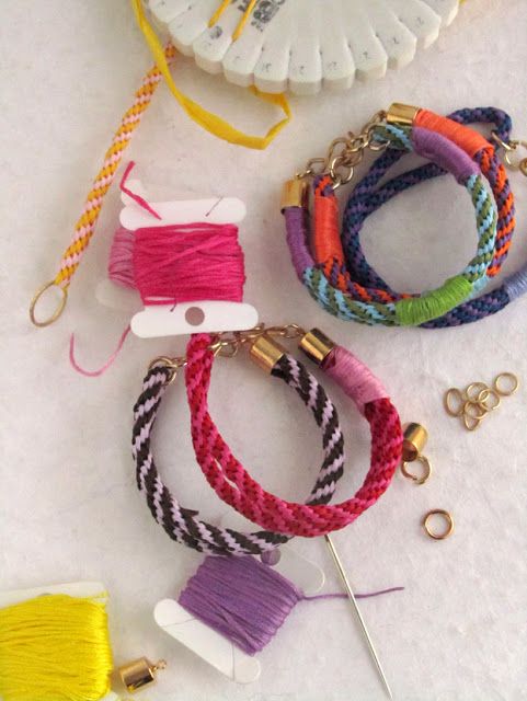 Kumihimo style Bracelets using raffia and colored thread - great