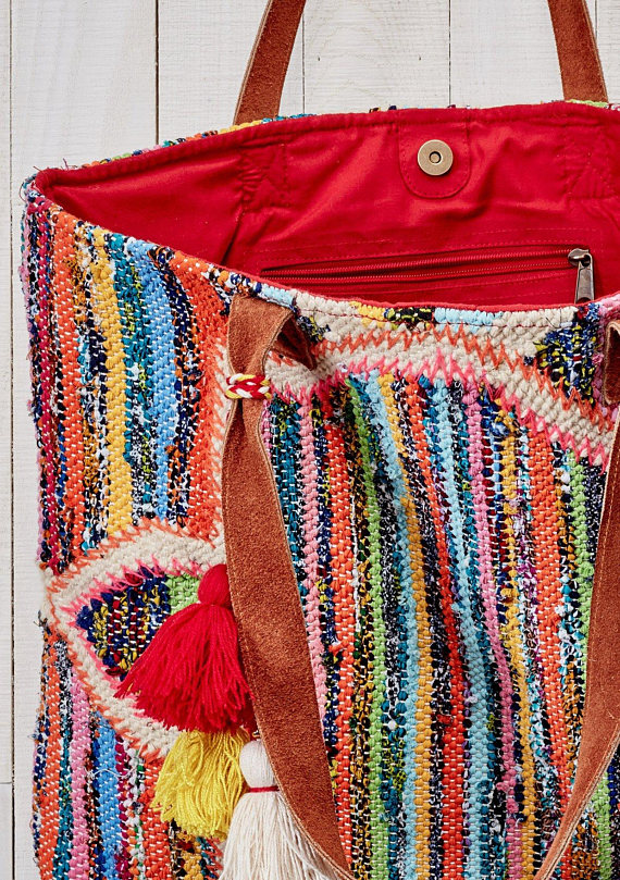 Boho Chic Tote Bag | Rag Rug Shopping Bag | Colorful Stripes Handbag