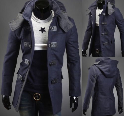 Men's Fashion Navy Blue Hooded Winter Warm Long Cool Trench Coat