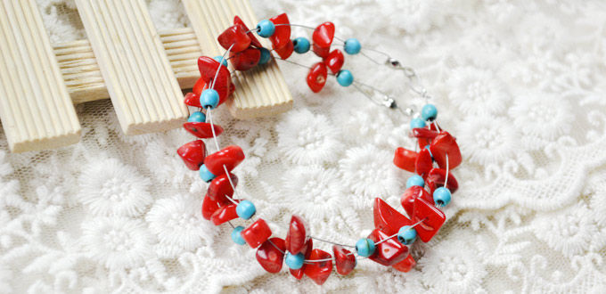 How to Make a Criss Cross Bracelet With Coral and Turquoise Beads: 6