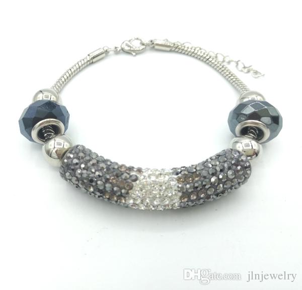 JLN European Beads Bracelet Snake Chain Crystal Tube Crystal Bar
