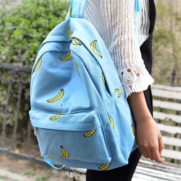 bag, backpack, back to school, banana print, fashion, blue, trendy