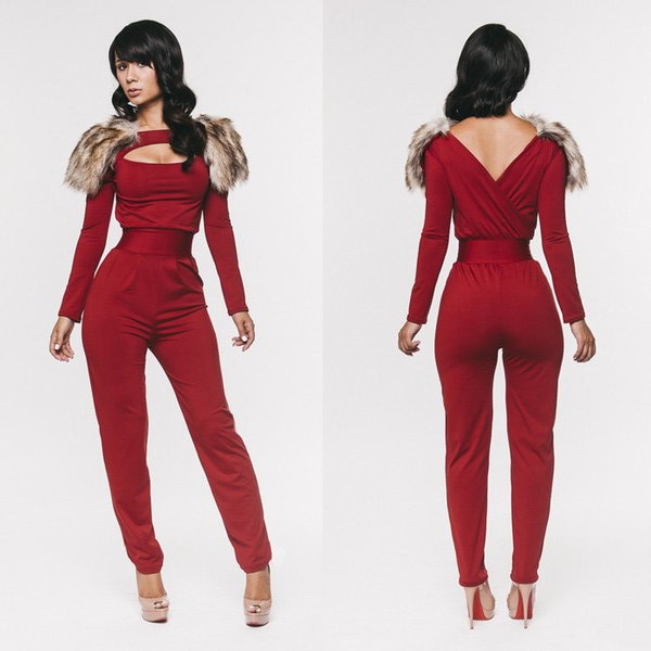 2014 Fashion Women Sexy Cut Out Jumpsuit With Fur Hot Party Clubwear