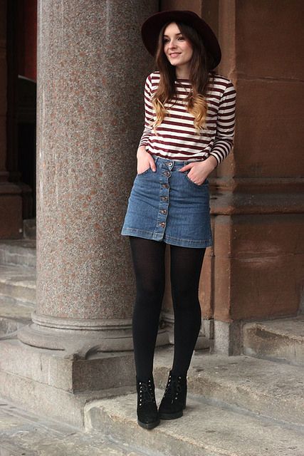 Duffle Coat Striped Top Beatnik Outfit | Clothes | Denim skirt