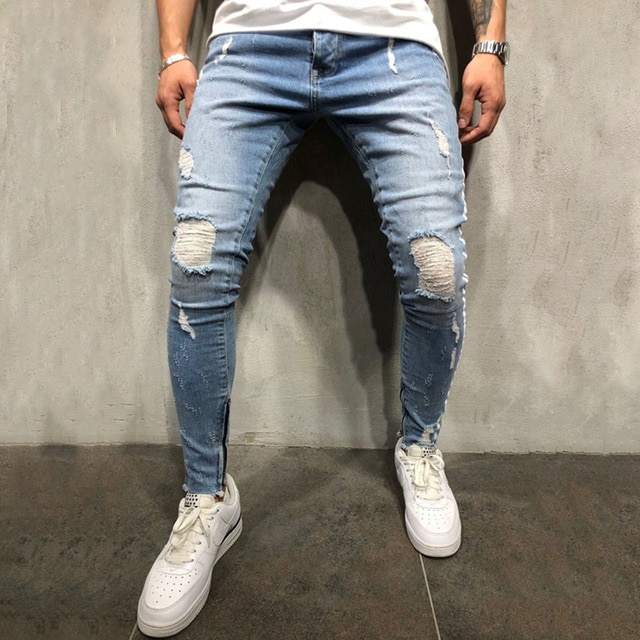 Streetwear Men hip hop Side white strip skinny jeans Distressed Knee